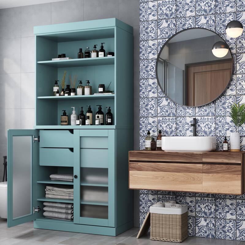 100% Solid Wood 32" Bathroom Cabinet with Optional Doors, 2-Drawers by Palace Imports - Aqua Blue - 2 Frosted Glass Doors
