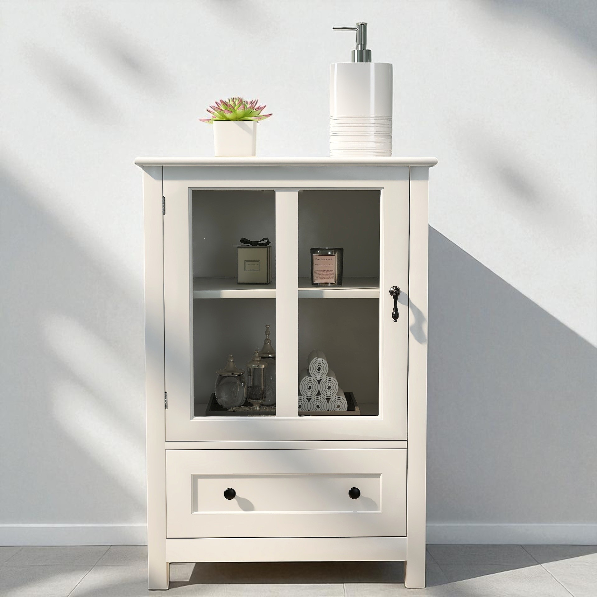 Small Buffet Cabinet with Single Glass Door, Adjustable Shelf and Bell Handle, UV Finish Storage Sideboard