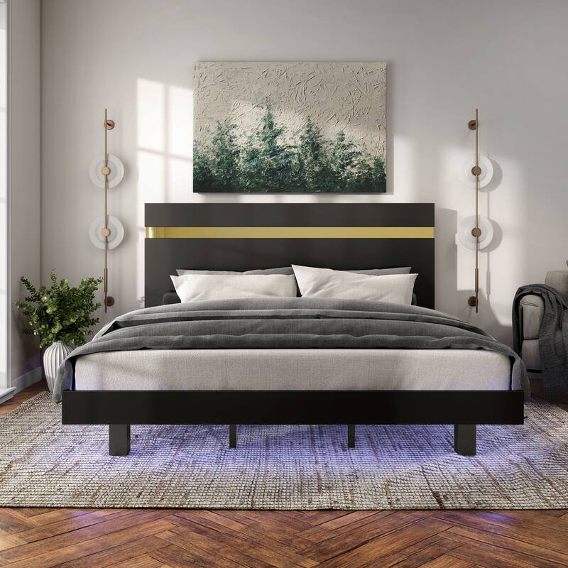 Furniture of America Halifax Modern 4-Piece Wood Black Platform Bedroom Set with Underbed LED