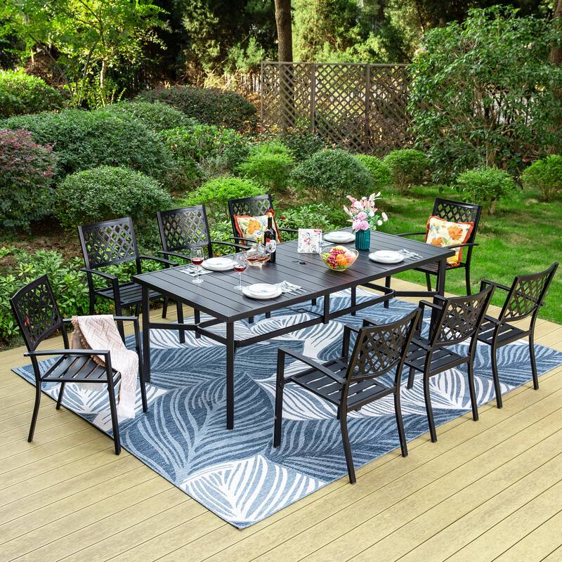 MAISON ARTS Patio Dining Set of 9 Pieces Patio Furniture Set Metal Rectangle Dining Table 8 Metal Stackable Chairs