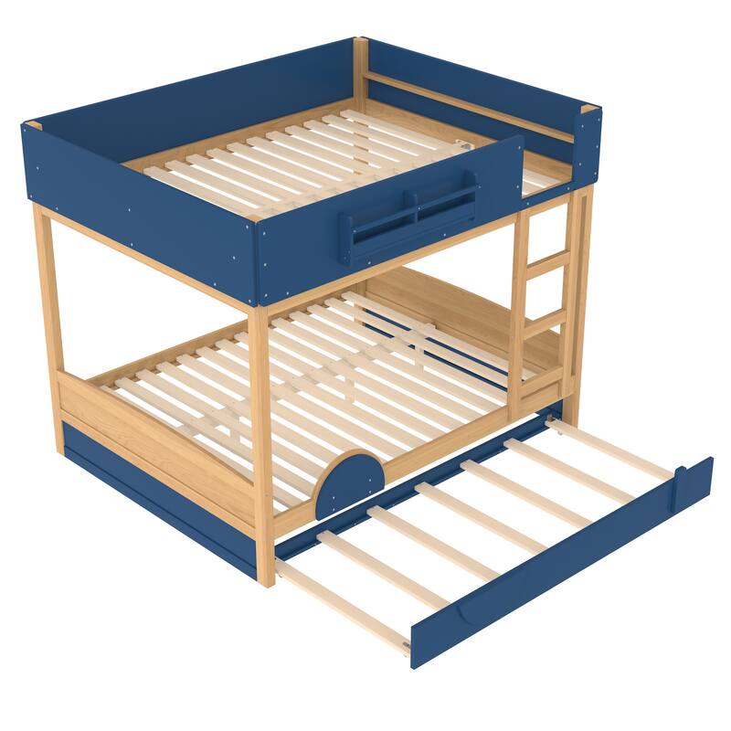 Kids Bed Wooden Bunk Bed with Trundle and Built-in Storage Bookshelves
