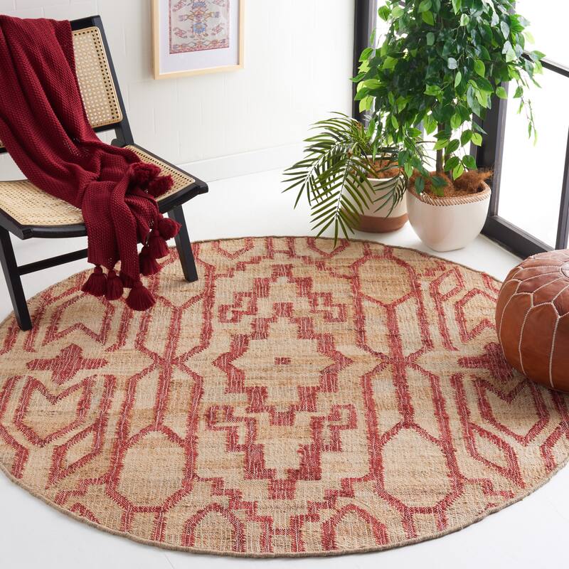 SAFAVIEH Natural Fiber Erla Boho Jute Rug - 6' Round - Natural/Red