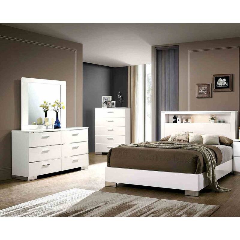 4pc High Gloss White Led Headboard Modern Bedroom Furniture Set