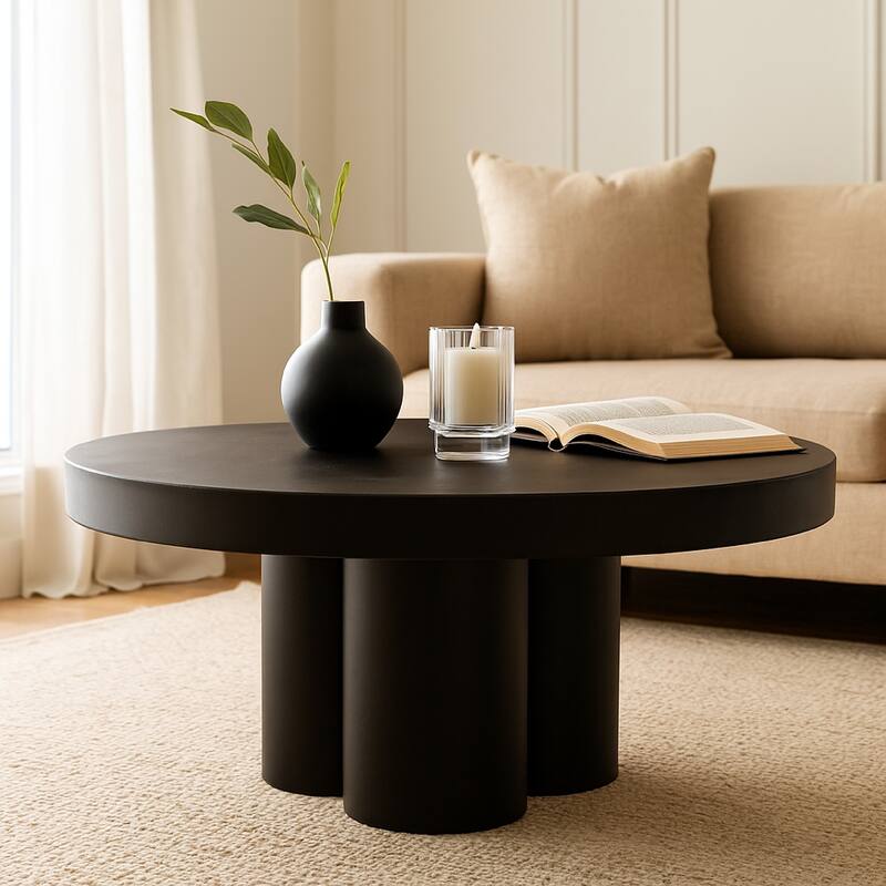 Cid Run Coffee Table, Abstract Black Concrete Base, Round 30 Inch Top