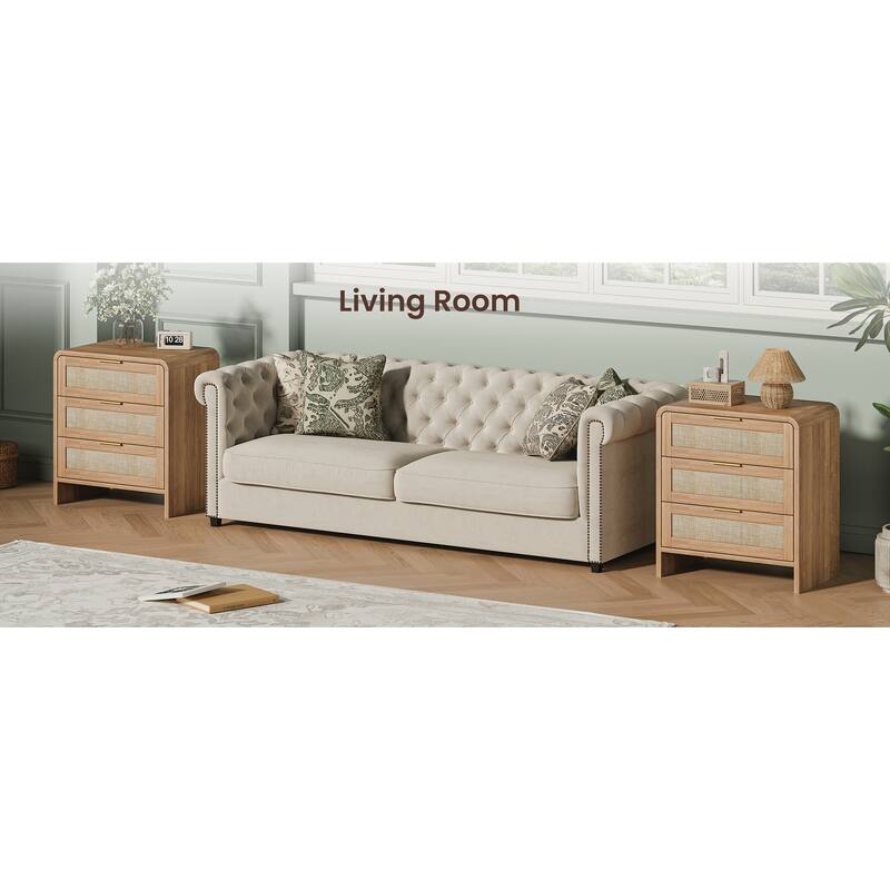 Rattan Nightstand with 3 Drawers, 22.8" Wide Curved Wooden Bedside Table, Modern Storage for Bedroom