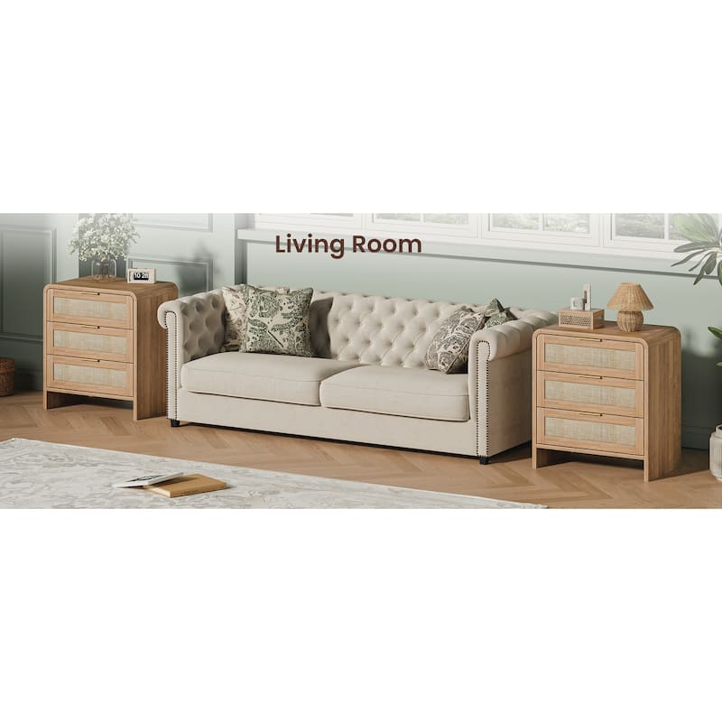 Rattan Nightstand with 3 Drawers Set of 2, 22.8" Wide Curved Wooden Bedside Table, Modern Storage for Bedroom