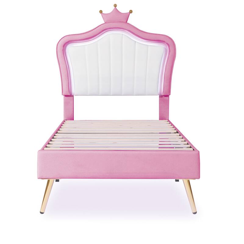 Modern Queen/Twin Full Upholstered Platform Bed with LED Lights, Adjustable Crown Headboard, No Box Spring