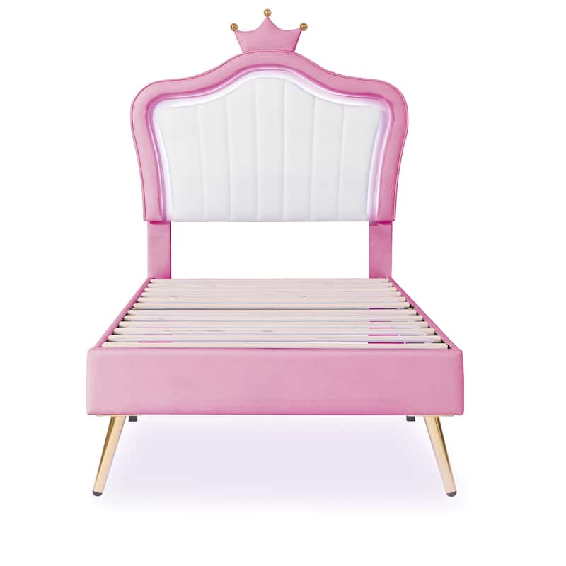 White+Pink Twin Princess Bed Frame with LED Lights & Crown Headboard