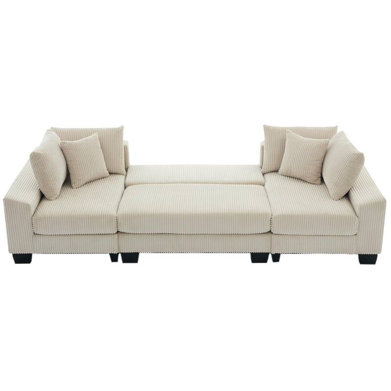 114" Corduroy U-Shaped Sleeper Sofa with Pull-Out Bed, 4 Back Cushions and 2 Throw Pillows