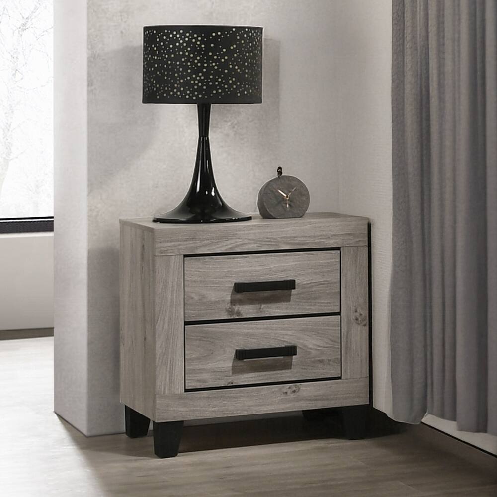 Farmhouse Style Nightstand, Light Gray Finish, Black Hardware, Wooden