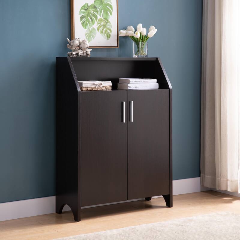 Wooden Two Door Shoe Cabinet with Four Interior Shelves fits 10 Pairs of Shoes for Living Room, Entryway, Bedroom