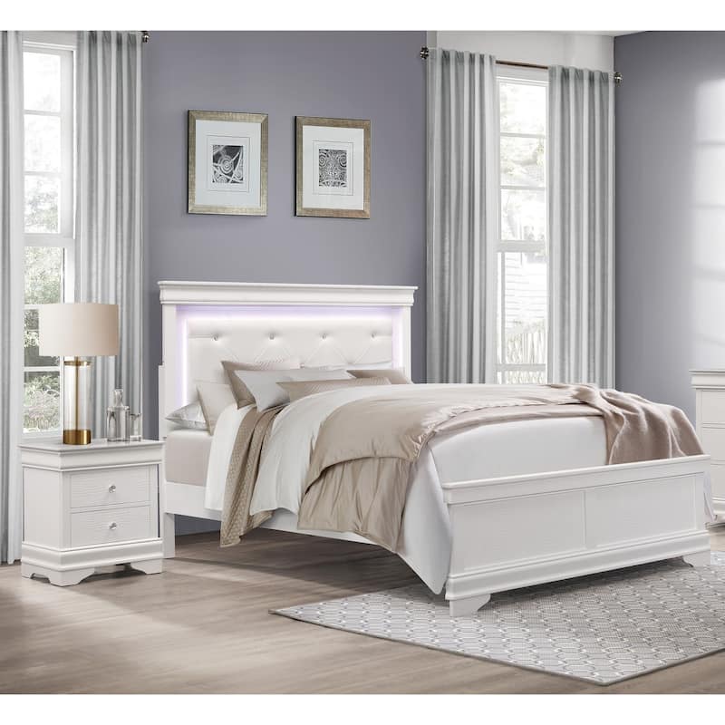 Glam White Finish 3pc Bedroom Set LED Bed and 2x Nightstands
