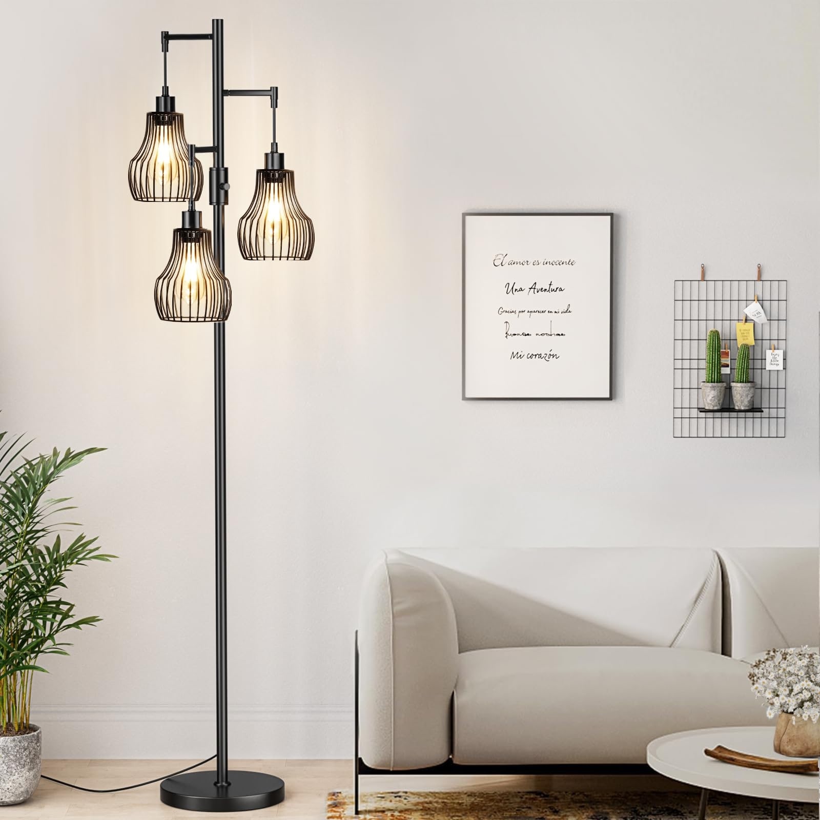 Dimmable Floor Lamp, Farmhouse Industrial Floor Lamps for Living Room with Elegant Cage, 3 x 800LM LED Edison Bulbs Included