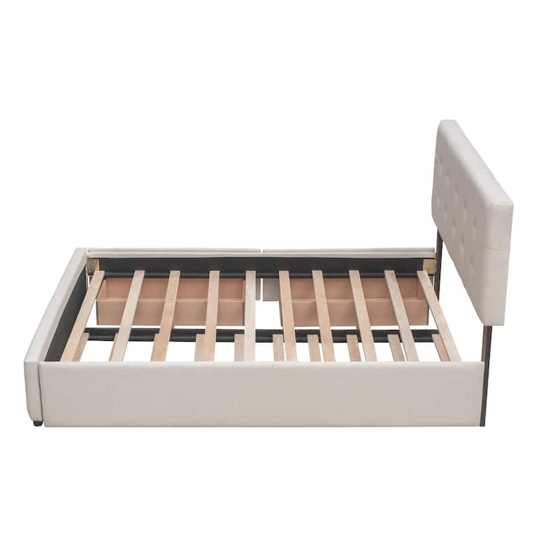 Linen Upholstered Bed Queen Size Platform Bed with Drawers and Twin XL Trundle