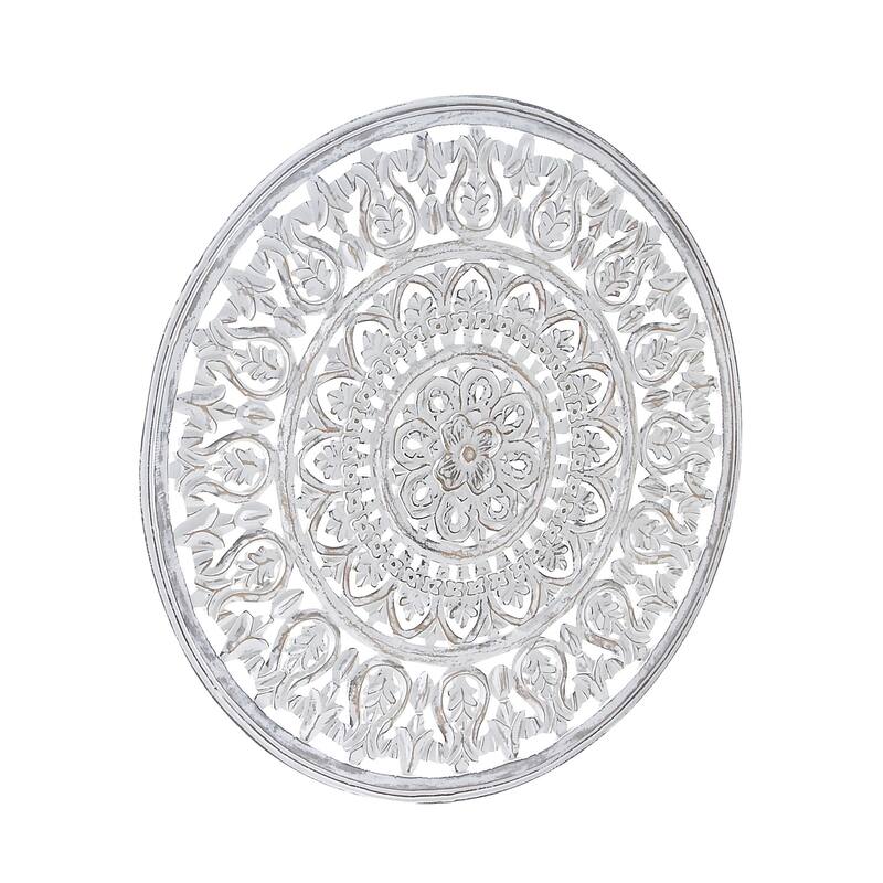 White Wood Handmade Intricately Carved Round Mandala Floral Home Wall Decor