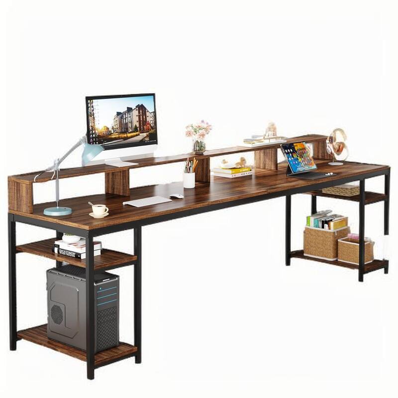 78" Double Computer Desk for 2 Person with Storage Shelves and Monitor Stands Rustic Brown Industrial Workstation