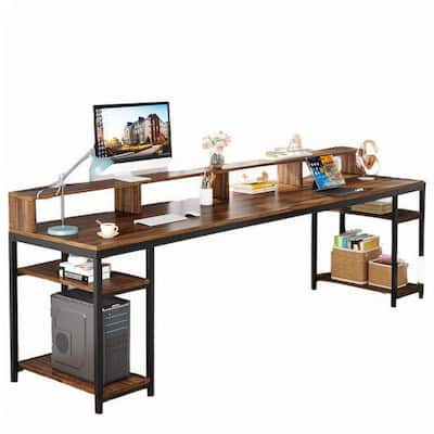 78" Double Computer Desk for 2 Person with Storage Shelves and Monitor Stands Rustic Brown Industrial Workstation
