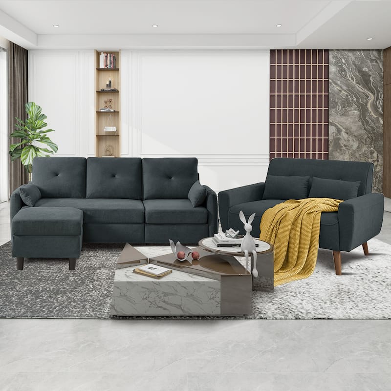 3 Pieces Living Room Set with Storage Ottoman - Dark Grey