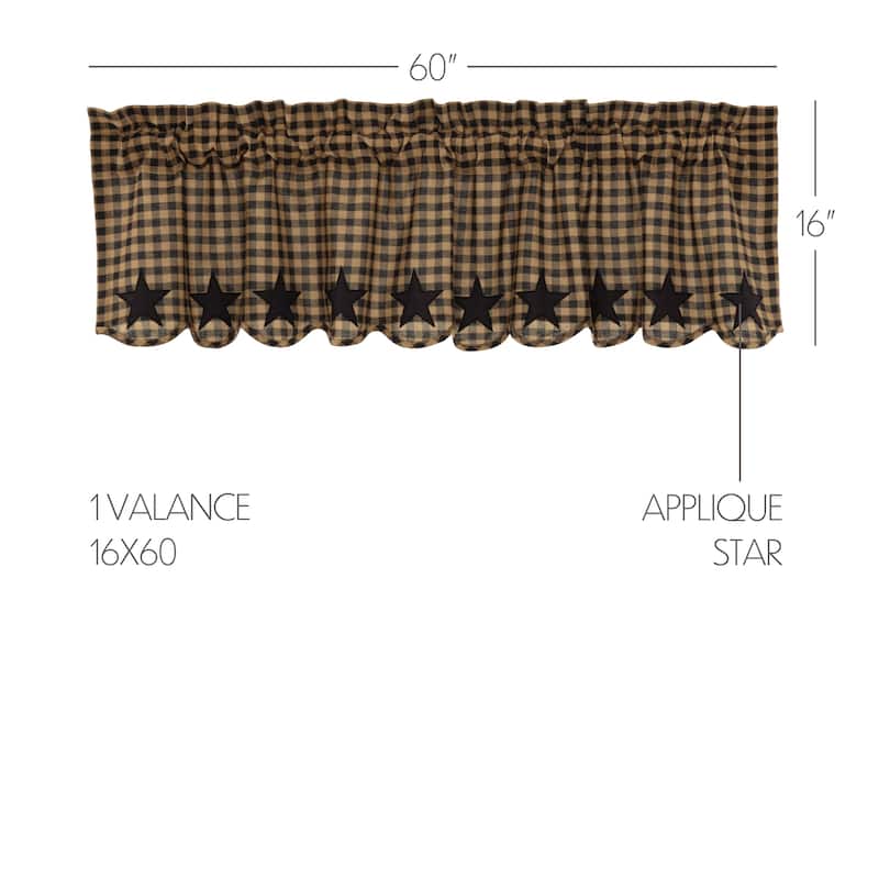 Primitive Kitchen Curtains VHC Star Valance Rod Pocket Cotton Star Appliqued - Raven/Khaki - 16x60