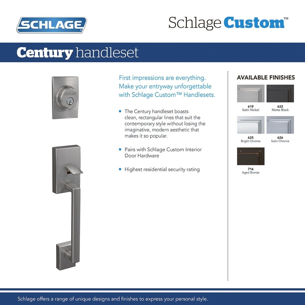 Schlage F60 V CEN 625 LAT Century Single Cylinder Handleset and