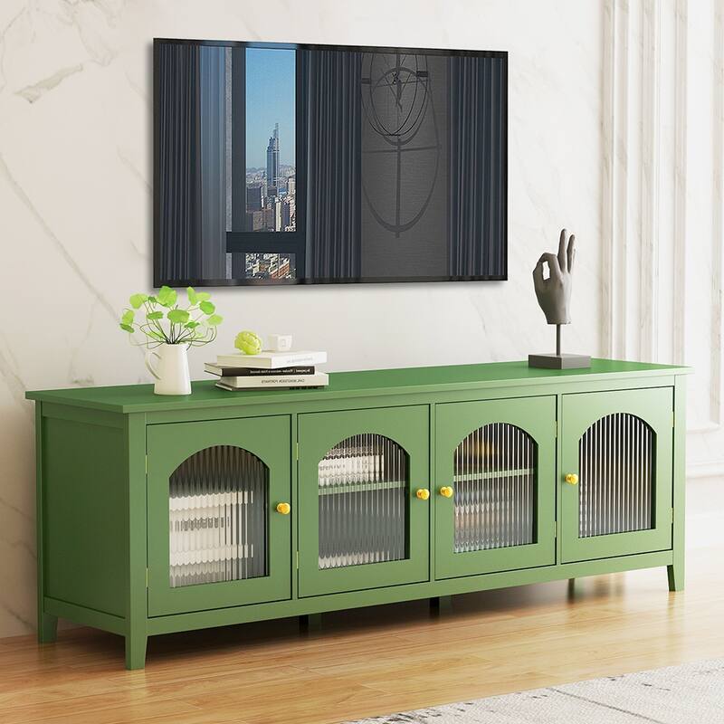 70.8"Modern Wood Large TV Stand Cabinet with 4 Doors, Glass Doors - 70.87L x 17.72W x 24.02Hinches