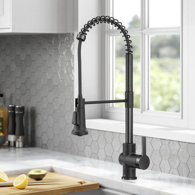 Kraus Britt Commercial 3-Function 1-Handle Pulldown Kitchen Faucet - KPF-1691 - 22 1/4" Height - MBSFSB - Matte Black/ Spot Free Black Stainless