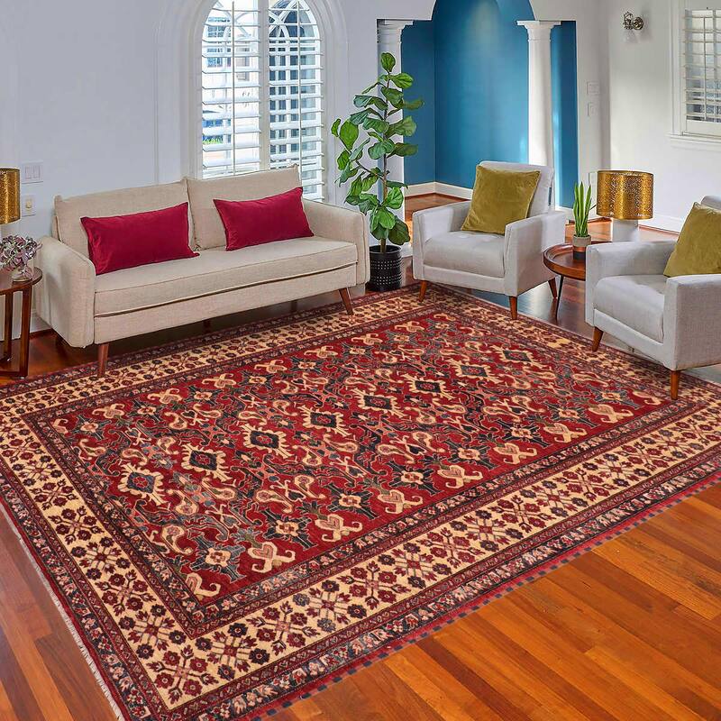 Caucasian Super Kazak Raiden Red/Beige Hand Knotted Wool Rug - 7'8'' x 11'2''