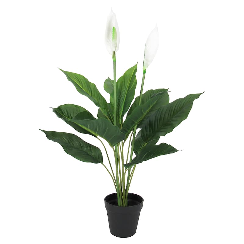 28in Real Touch White Artificial Spathiphyllum Peace Lily Plant in Black Pot - 28" H x 20" D