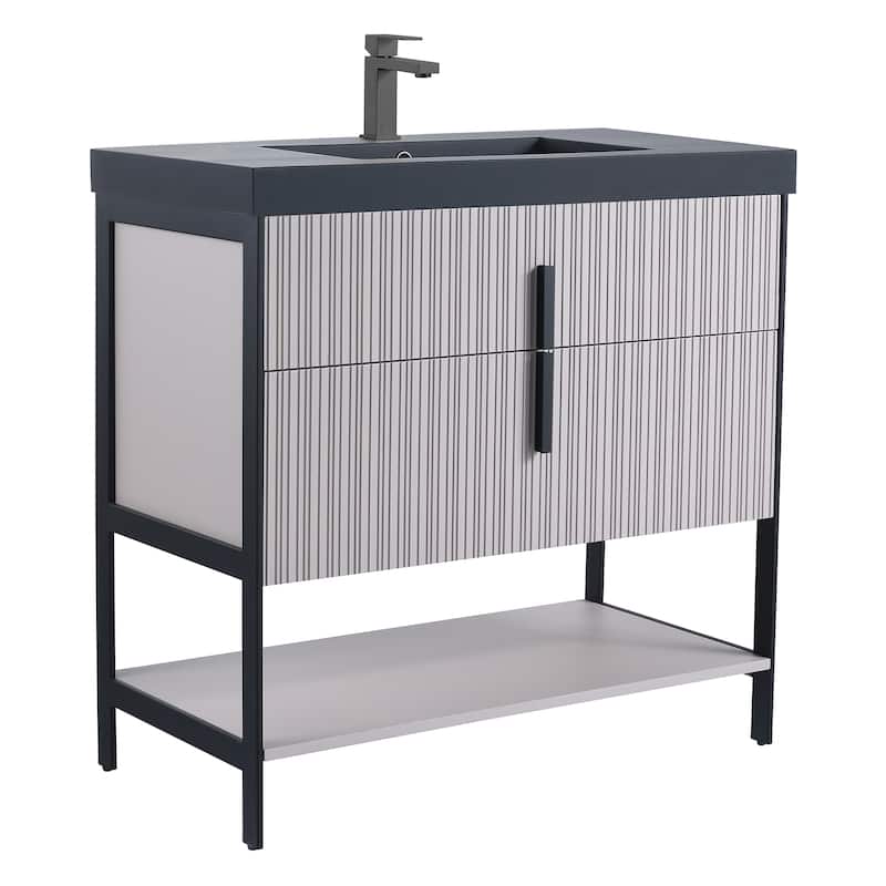 Fine Fixtures Serenity Modern Bathroom Vanity with Black Gel Acrylic Top - Bright Taupe - Black Hardware - 36 inch