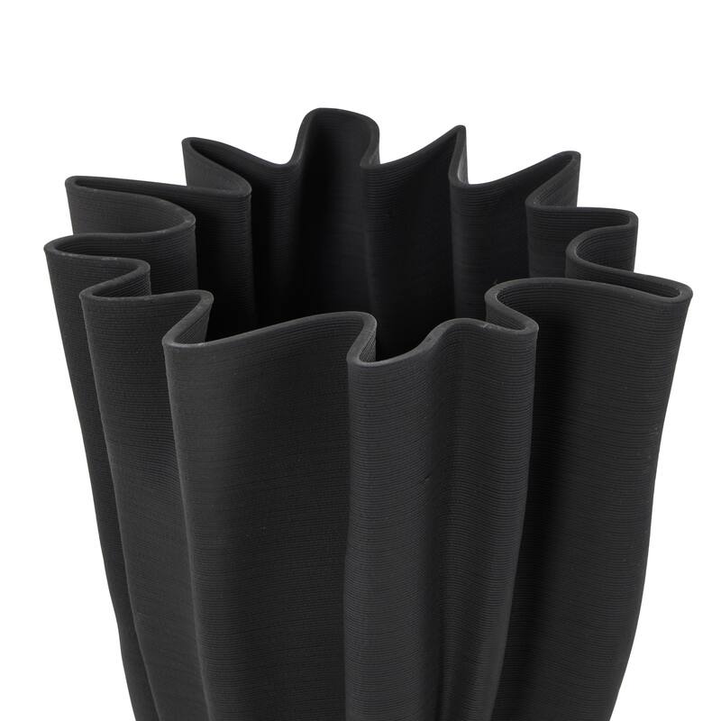 Black Ceramic Dimensional Ribbed Tulip Abstract Vase with Angular Rim