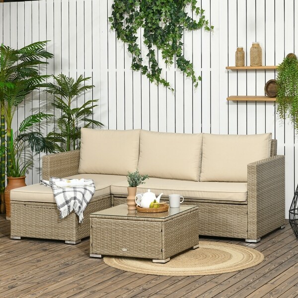 Outsunny 3 Pieces Wicker Furniture Set with Storage Outdoor Rattan Sofa Couch with Glass Coffee Table Storage Bed Bath Beyond 37124851