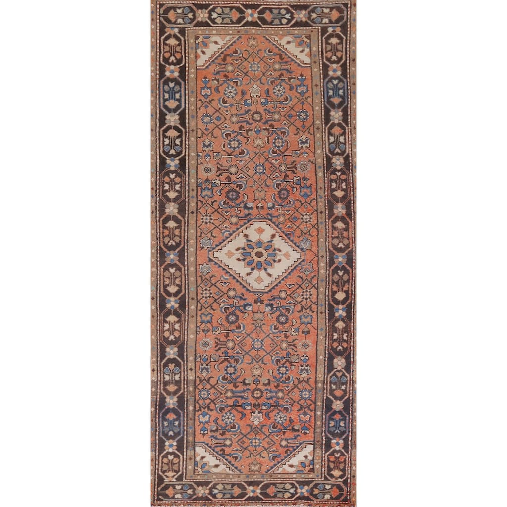 Hand Knotted Oriental 100% Wool Carpet Traditional Geometric Oranges & Rust Hamedan Runner Rug - 9' 7'' X 3' 4''
