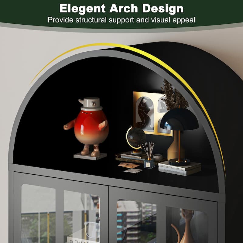 73.6-Inch Arched Metal Storage Display Cabinet with Glass Doors