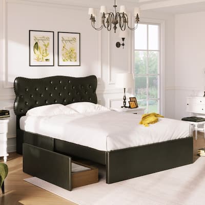 Black Full Size Bed Frame with 4 Storage Drawers, Upholstered Platform Heavy Duty Bed