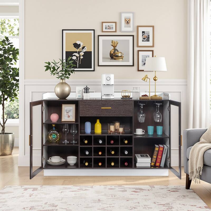 Stylish Sideboard with Wine Rack Glass Doors and Storage Drawer for Dining Room - 55.12" x 15.75" x 35.43"
