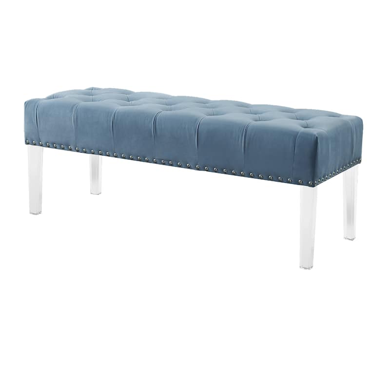 Valley Button Tufted Velvet Upholstered Bench with Acrylic Leg, Blue