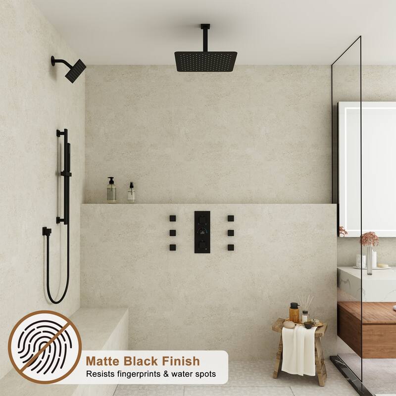 CASAINC Dual Heads High Pressure 16 Inch 4 Function Shower Head Shower System with Sliding Rod Handheld Shower and 6 Body Jet