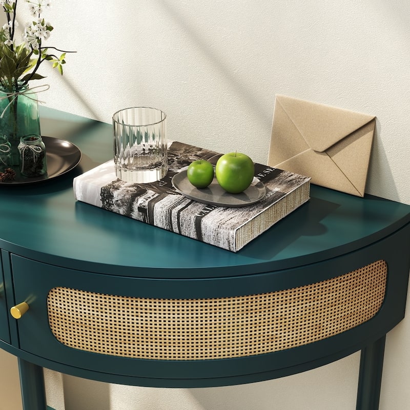 Half Moon Design End Table with Sliding Rattan Door