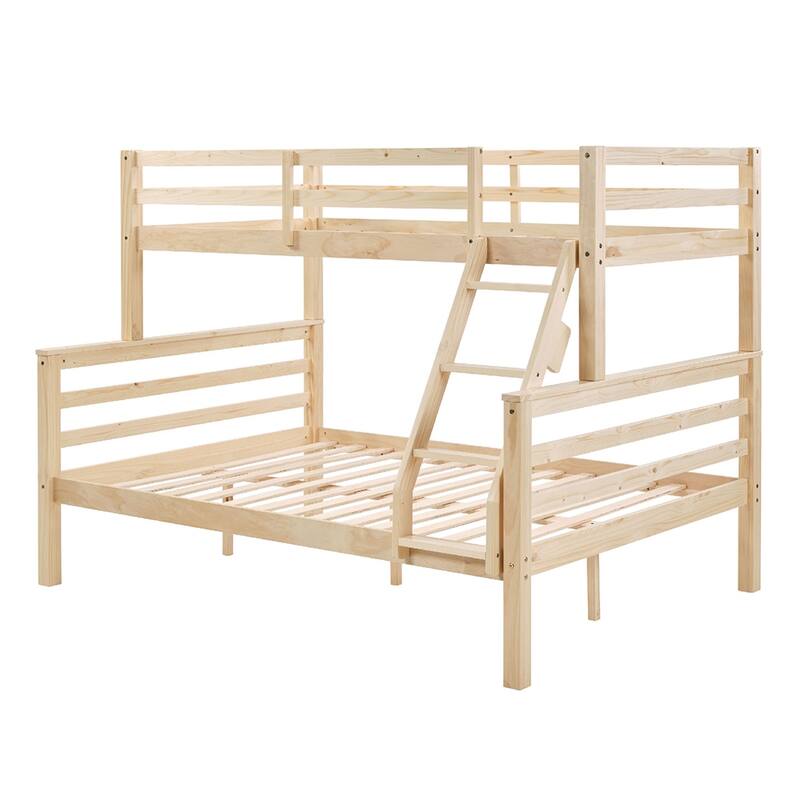 Twin over Full Wooden Bunk Bed,High Guardrail,Ladder,No Box Spring