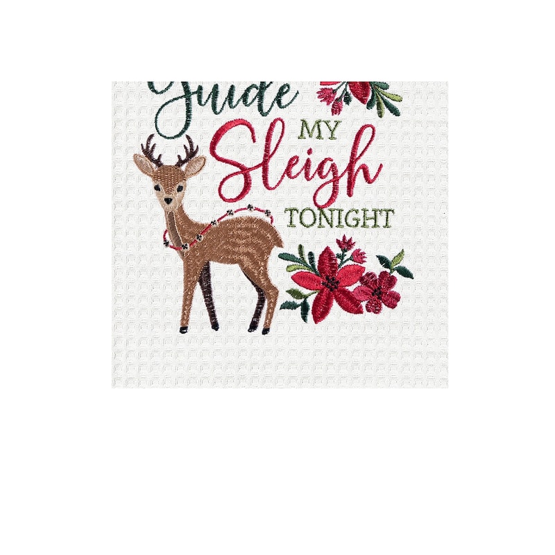 27" x 18" "Want You Guide My Sleigh Tonight" Featuring Reindeer and Poinsettias Cotton Waffle Weave Kitchen Dish Towel