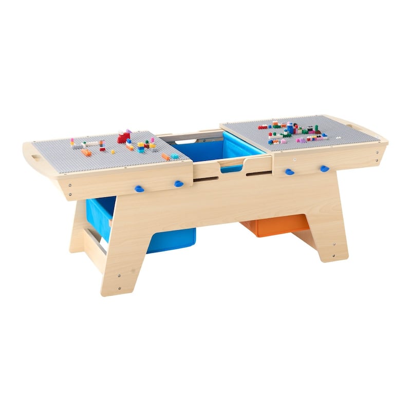 Natural Wooden Kids Table with 3 Storage Bins and Bricks - 35.6 x 19.6 x 15.5 in