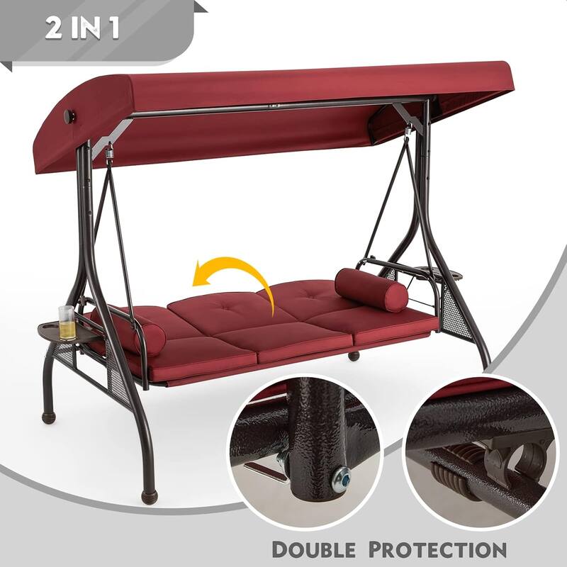Outdoor 3-Seat Porch Swing with Adjustable Canopy & Cup Holder,Porch Swing Glider Chair, Heavy-Duty Steel Frame