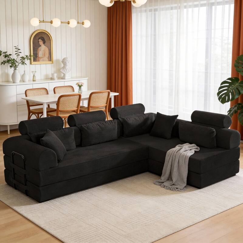 106.3" L-Shaped Corduroy Sectional Sofa with Pillows, No Assembly Required - Black