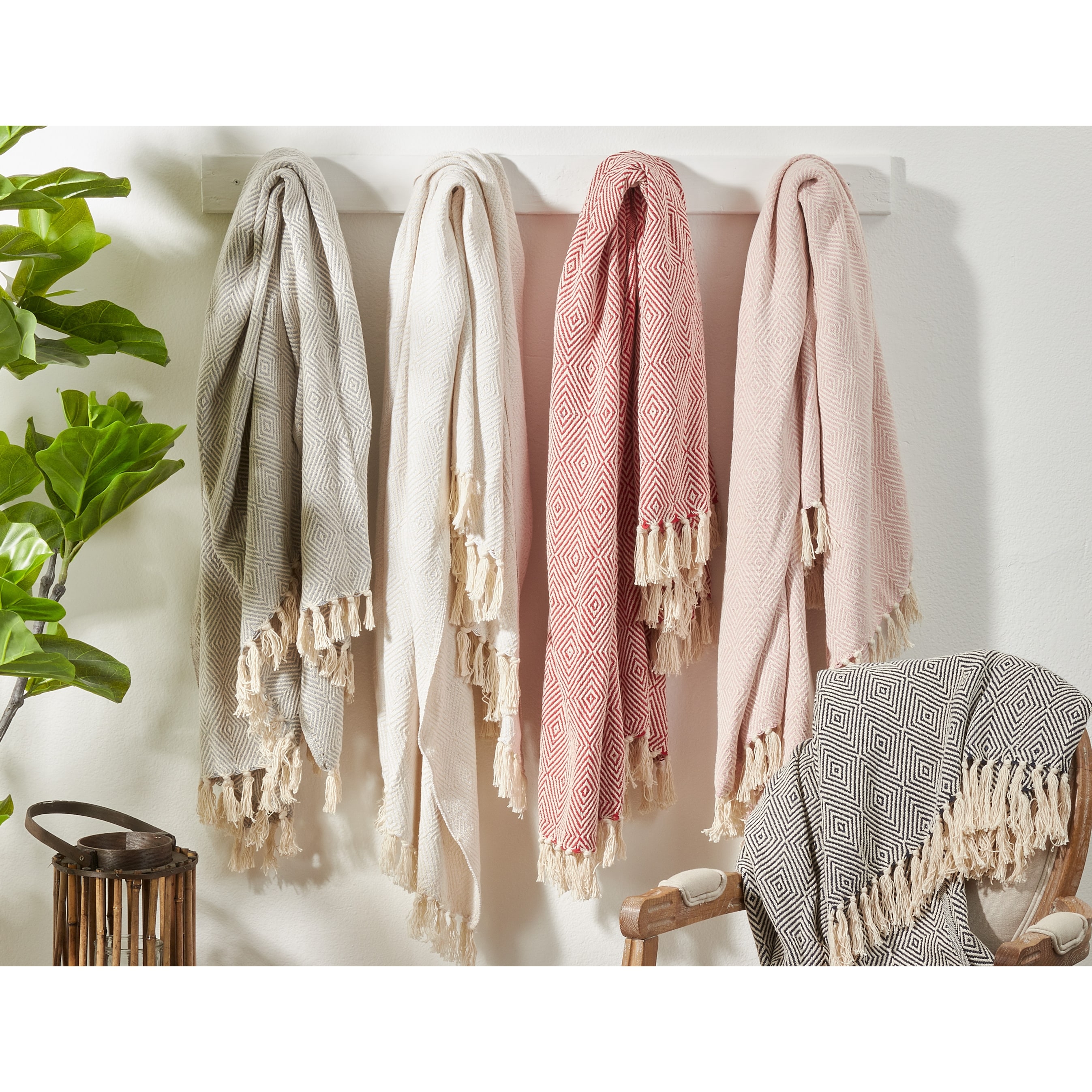 Soft Cotton Throw Blanket with Elegant Diamond Weave Pattern-image