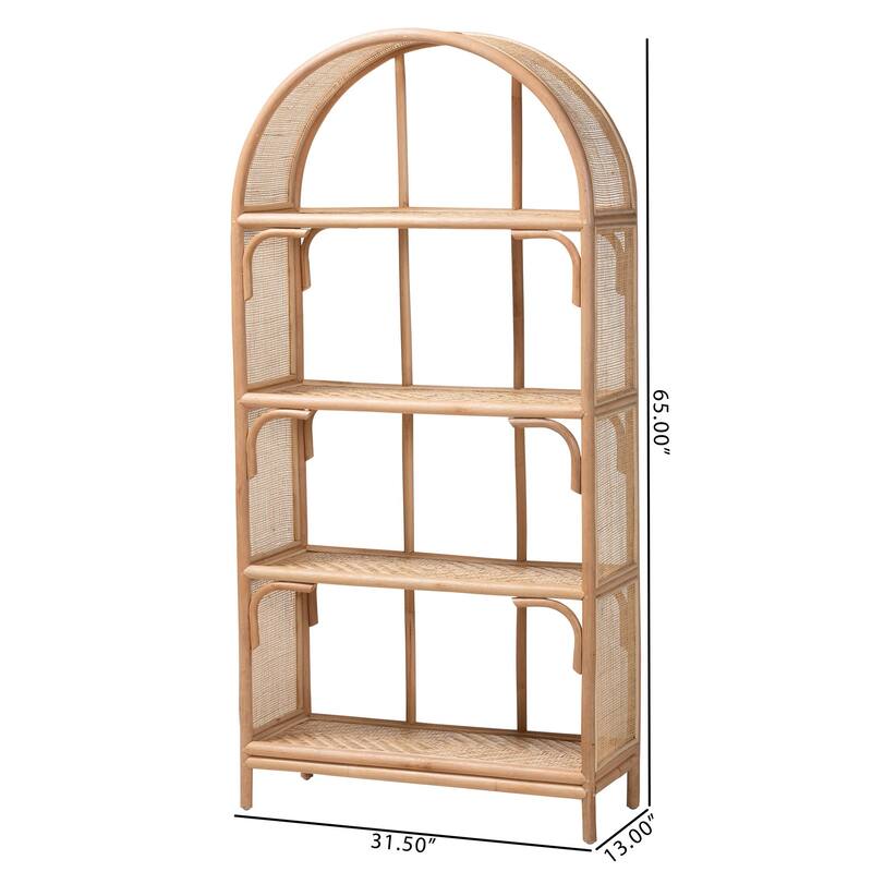 Natania Natural Rattan 4-Tier Display Shelf - Handwoven Arched Bookcase with Webbed Side Panels, Boho Coastal Design