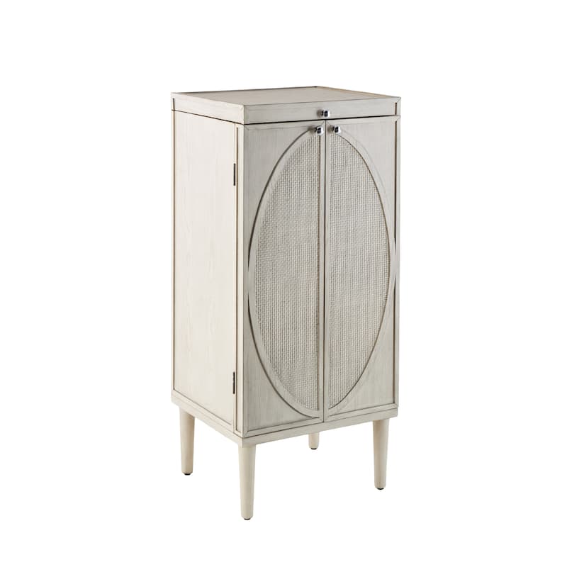 Wooden Geometric Oval Rattan Jewelry Cabinet with Mirrored Lift Top - Light Gray - Roche River Decor - 18"W x 20"L x 47"H
