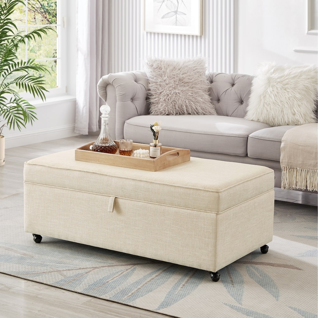 45" Sofa Ottoman with Storage, Linen Upholstered Bench with Rotation Casters and Safety Hinge for Living Room