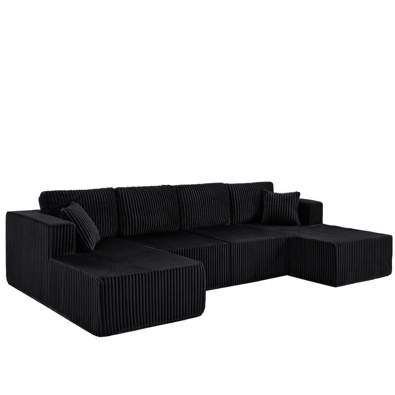 U-Shaped Modular Sectional Sofa with Dual Chaise Lounges, Oversized Corduroy Boneless Couch, Compressed Sofa with Pillows