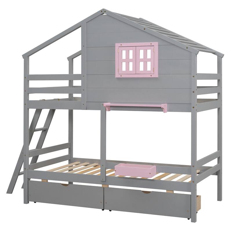 HomeRoots Gray Twin Over Twin Solid Wood Bunk Bed With Drawers And Storage