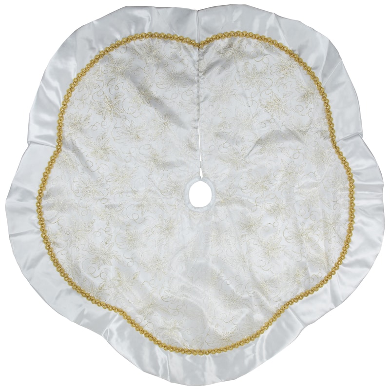 48" White and Gold Glitter Poinsettia Scalloped Christmas Tree Skirt - 48